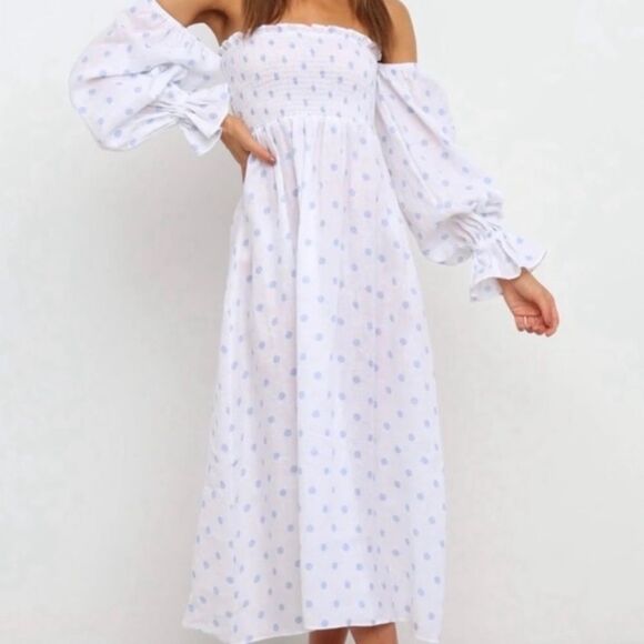 ✨🌸✨Petal & Pup Gabriella Blue Polka Dot Smocked Midi 100% Linen Dress ✨🌸✨ - Picture 8 of 16